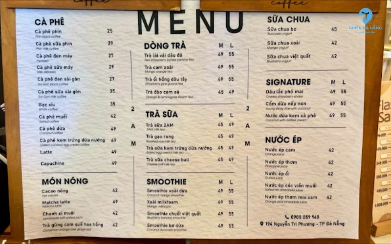 Menu phong phú và hấp dẫn tại 2AM Coffee