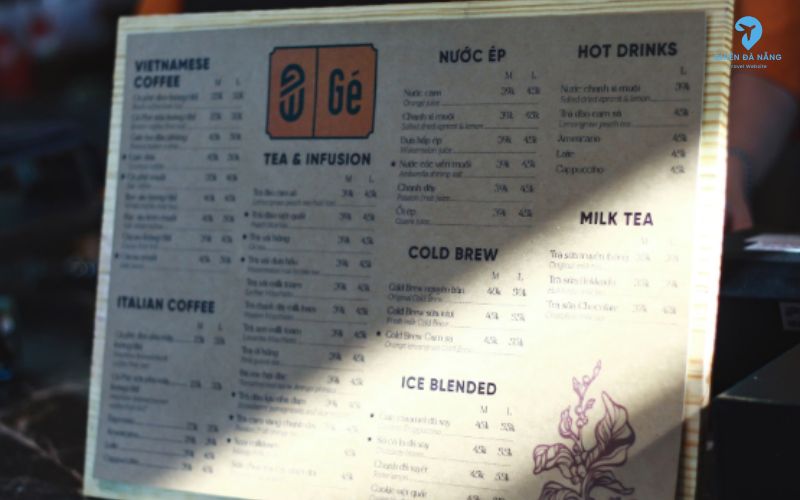 Menu nước đa dạng tại quán Gé cà phê