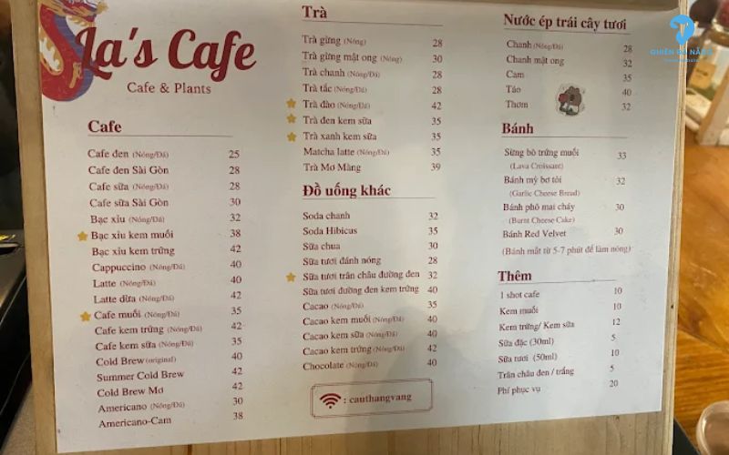 Menu nước tại La's Cafe