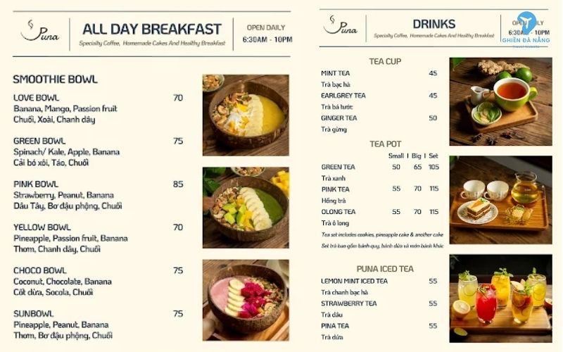 Menu thức uống, đồ ăn tại Puna Coffee & Cakes Đà Nẵng