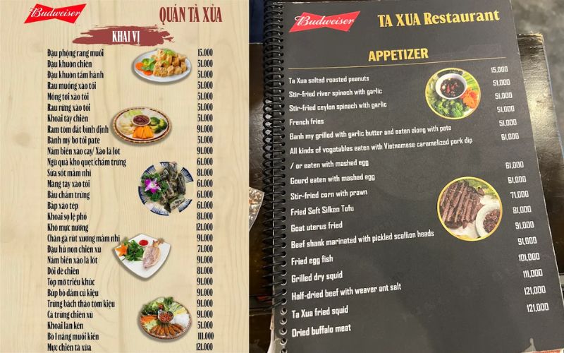 Menu món ăn tại Tà Xùa Quán khá đặc sắc