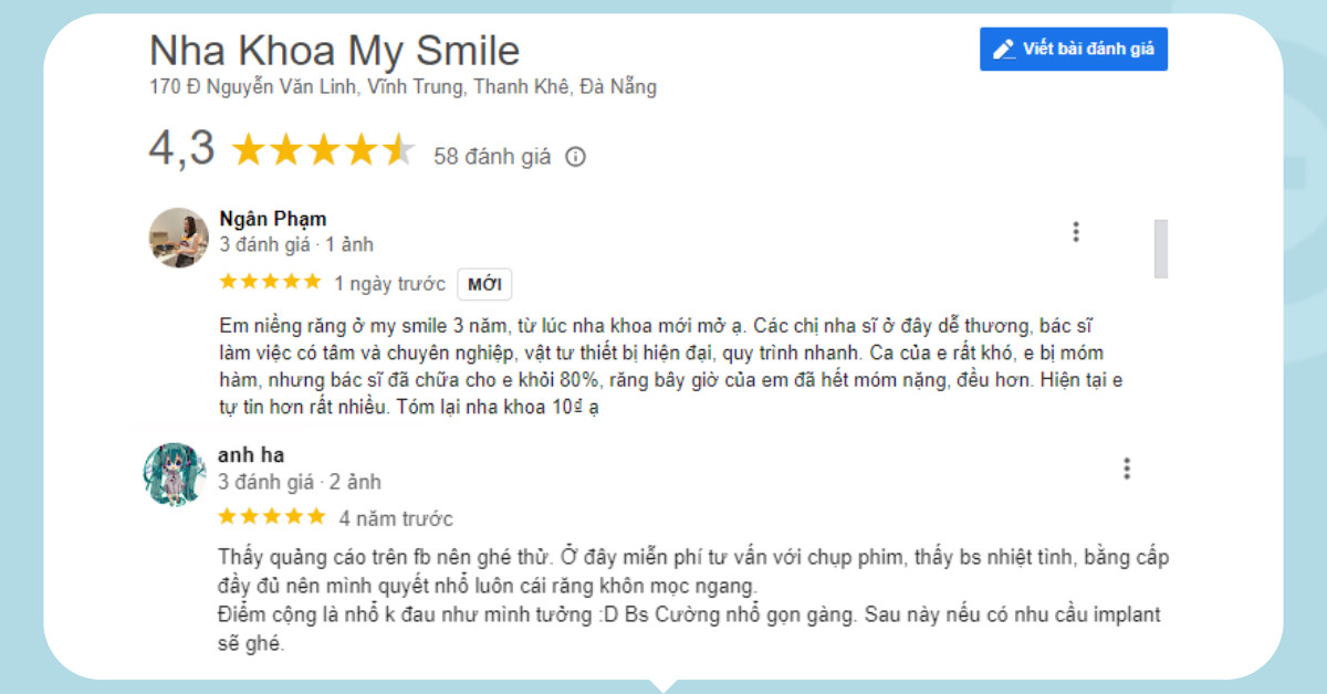 Review của khách hàng về Nha khoa My Smile - ảnh: Google review