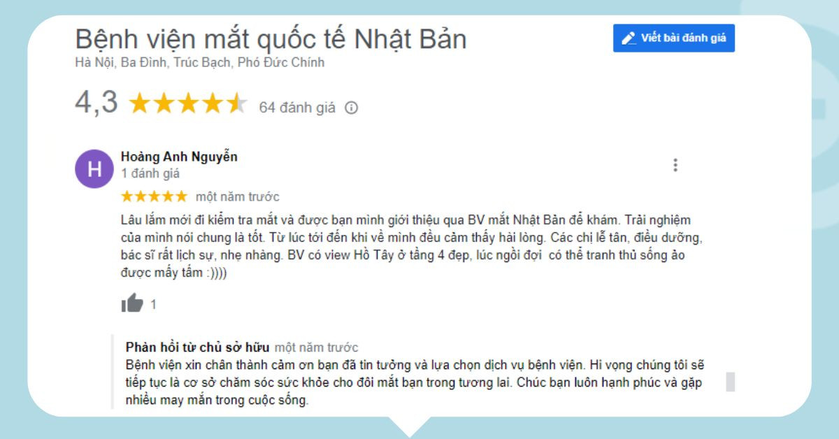 Review của người bệnh thăm khám tại Bệnh viện Mắt Quốc tế Nhật Bản