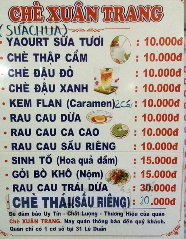 Menu chè Xuân Trang Đà Nẵng