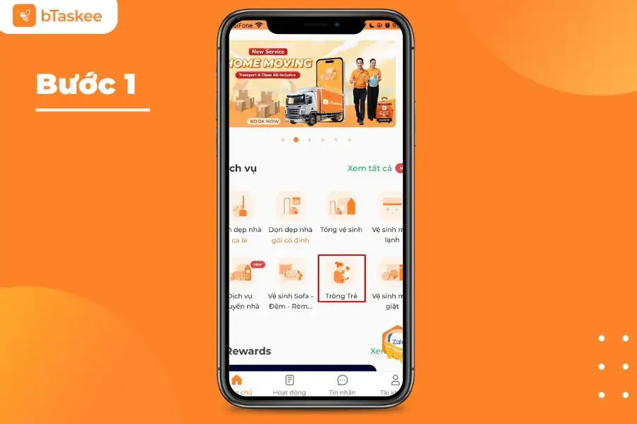 Chọn dịch vụ “trông trẻ” trên app bTaskee.