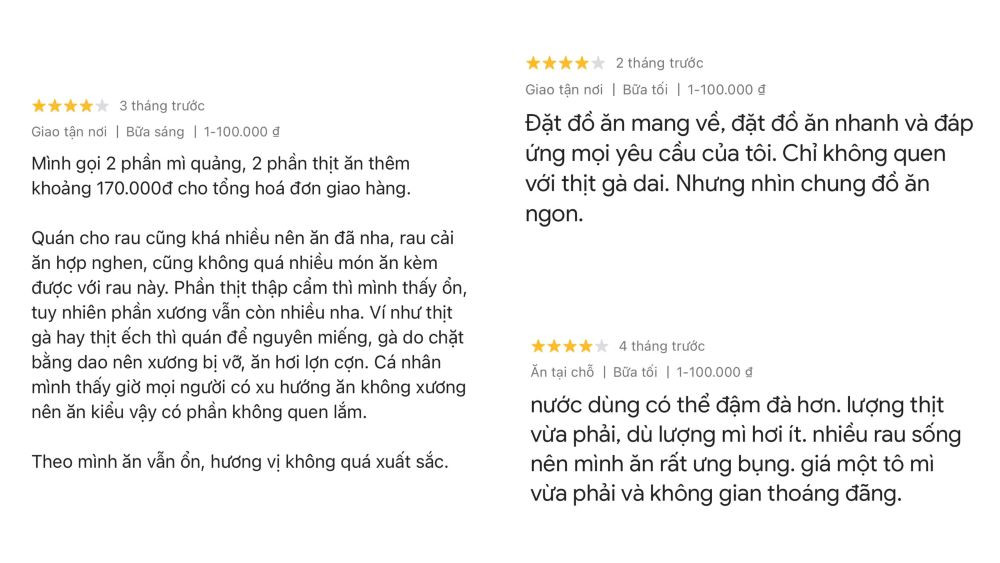 Khách hàng đánh giá về chất lượng món ăn tại Mì Quảng 3 Anh Em (Ảnh: Google Maps)
